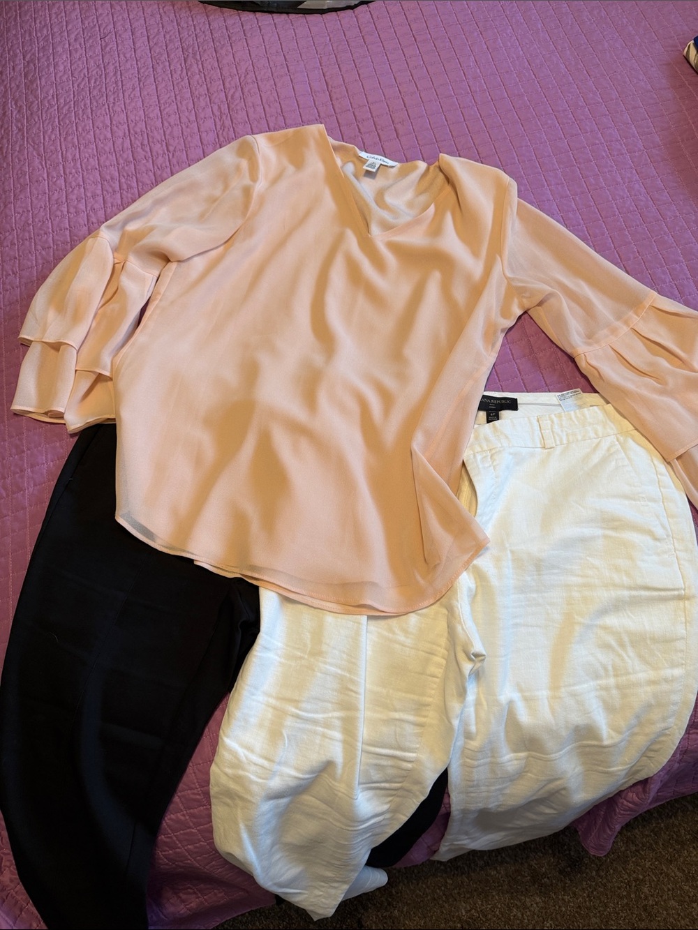 Calvin Klein Peach Ruffle Sleeve Blouse - with banana republic pants+black pants
